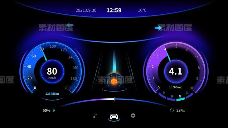 科技感汽车车载导航系统UI大屏光感仪表盘素材
