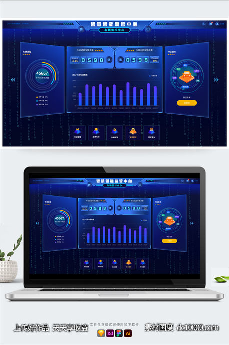 大数据可视化蓝色科技智慧车辆大屏后台统计UI数字首页-源文件-素材国度dc10000.com