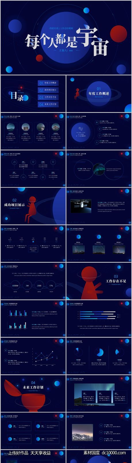 渐变风红蓝星系工作总结PPT模板-源文件-素材国度dc10000.com