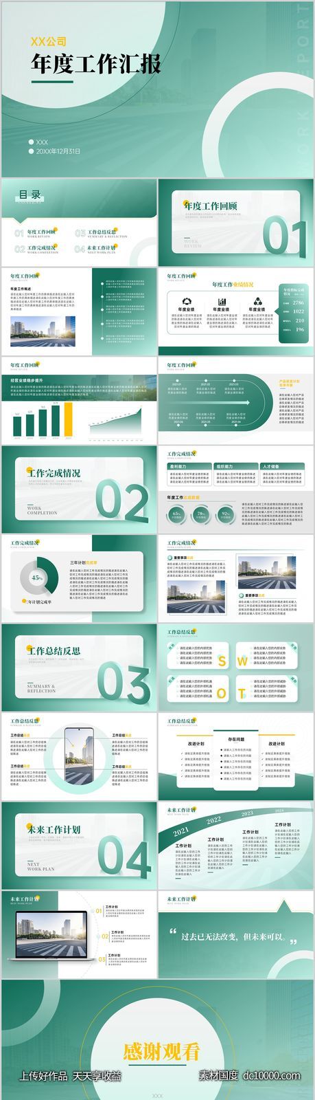 绿色渐变员工年度工作汇报PPT-源文件-素材国度dc10000.com