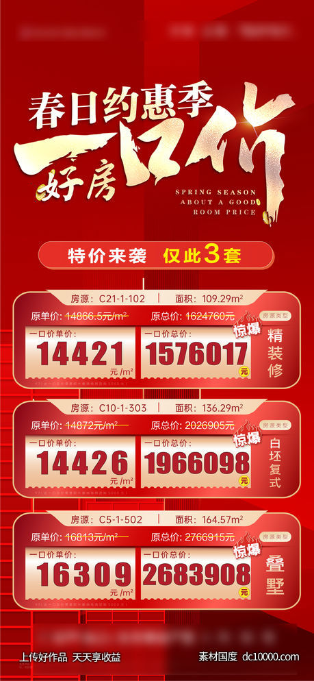 地产清栋特价房热销红金户型价值点海报-源文件-素材国度dc10000.com